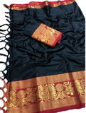 Woven Kanjivaram Cotton Silk, Jacquard Saree BLACK RED