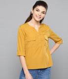 Casual Roll-up Sleeve Solid Women Pink Top Yellow